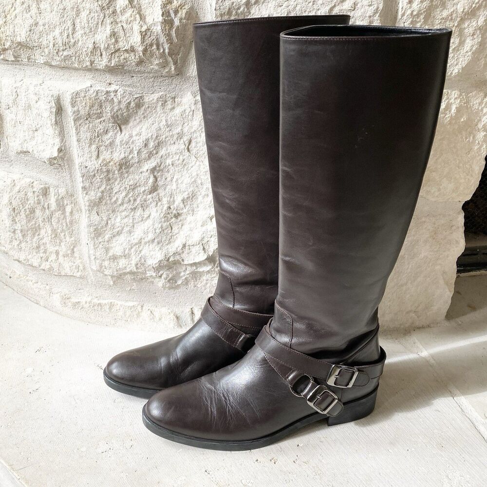 Zara Woman All Leather Brown Knee High‎ Biker Boots EU 39 Made In Spain